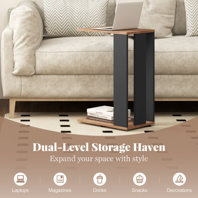 2-Tier C-Shaped Side Table with Universal Wheels and Shelf