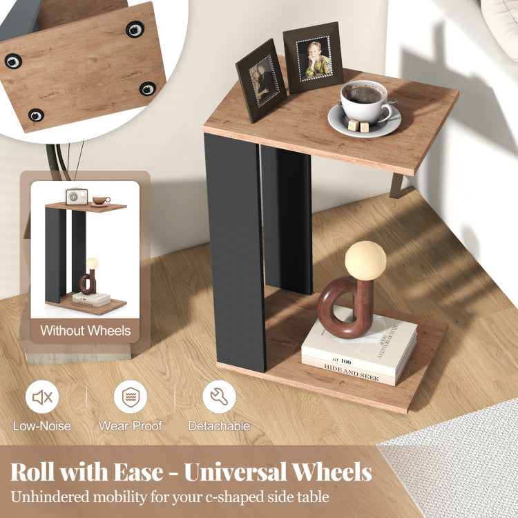 2-Tier C-Shaped Side Table with Universal Wheels and Shelf