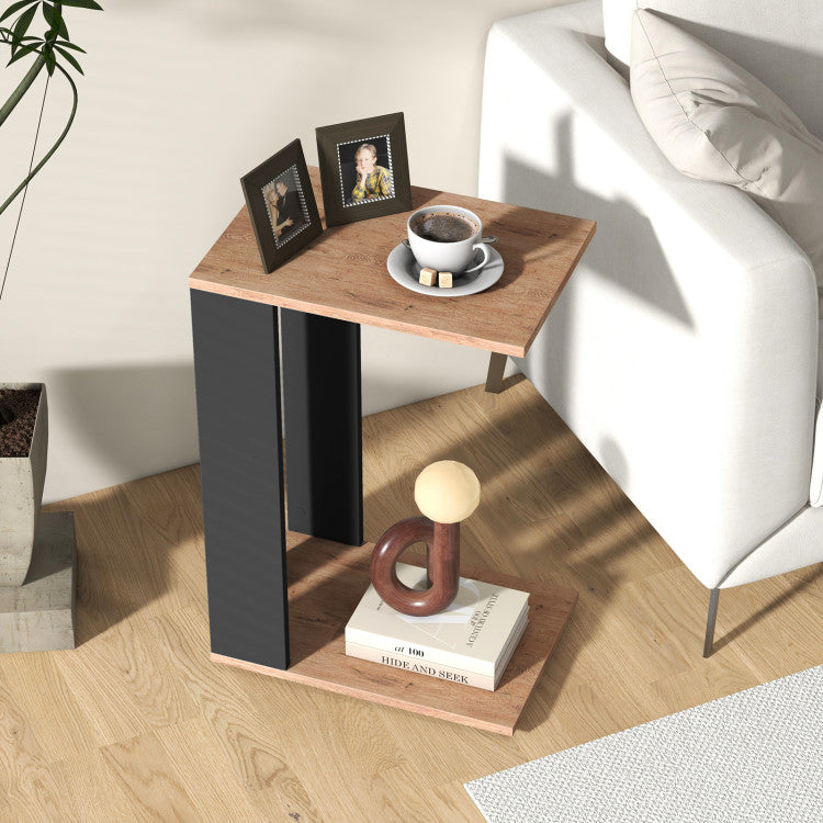 2-Tier C-Shaped Side Table with Universal Wheels and Shelf