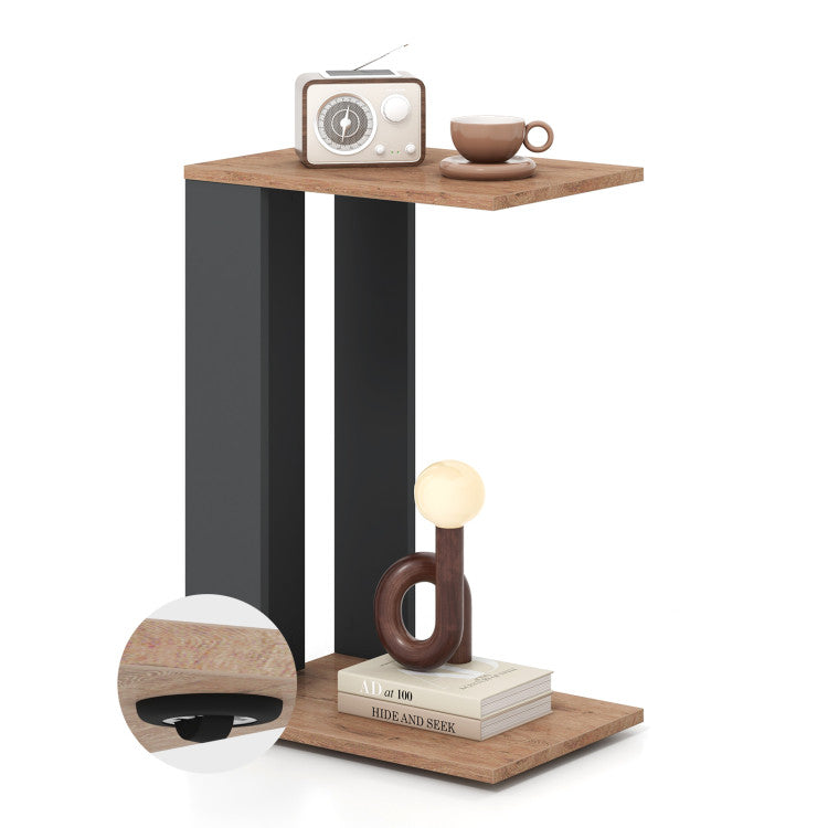 2-Tier C-Shaped Side Table with Universal Wheels and Shelf