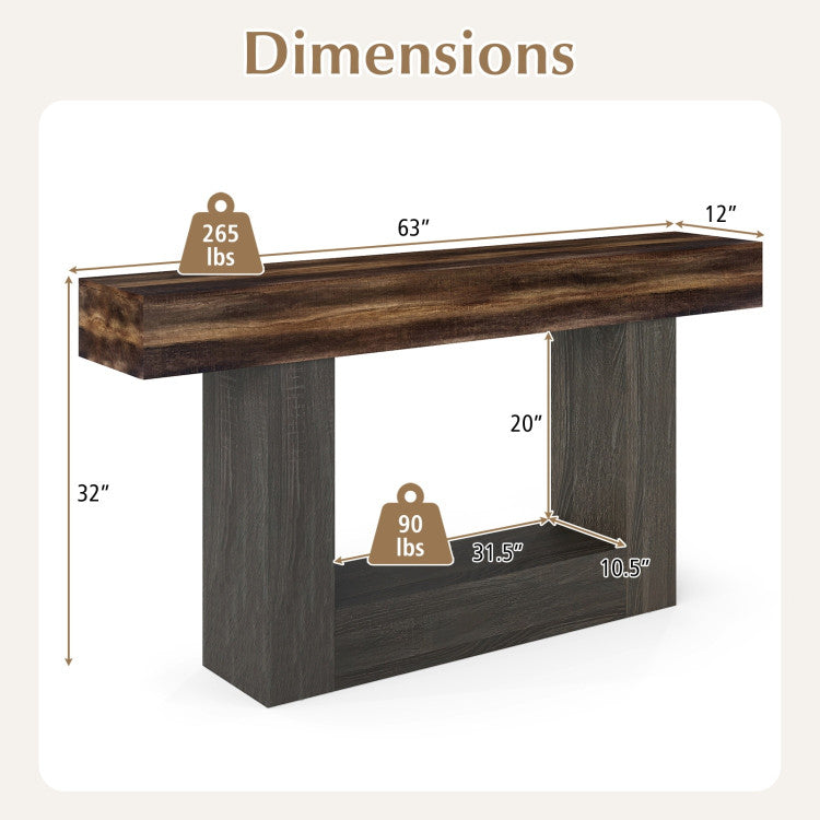 2-Tier Farmhouse Console Table 63" Long with Storage Shelf