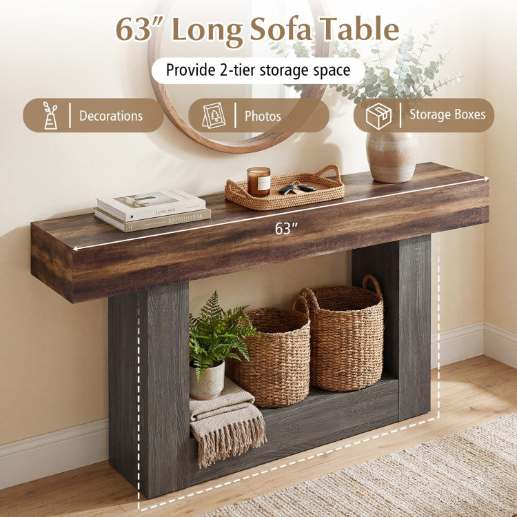 2-Tier Farmhouse Console Table 63" Long with Storage Shelf