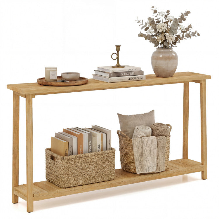 2-Tier Farmhouse Sofa Table with Teak Wood Frame and Storage Shelf