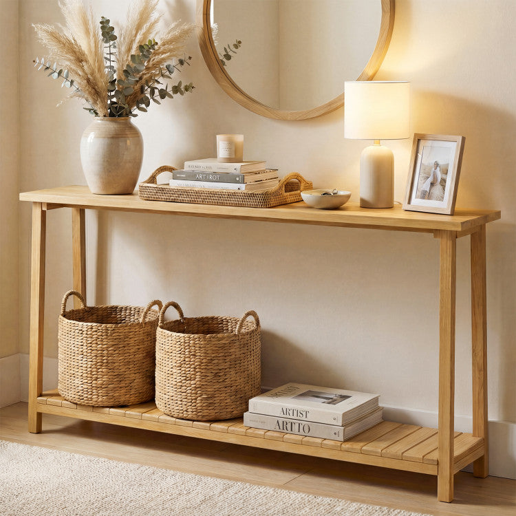 2-Tier Farmhouse Sofa Table with Teak Wood Frame and Storage Shelf