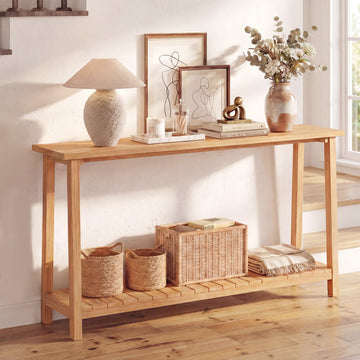 2-Tier Farmhouse Sofa Table with Teak Wood Frame and Storage Shelf