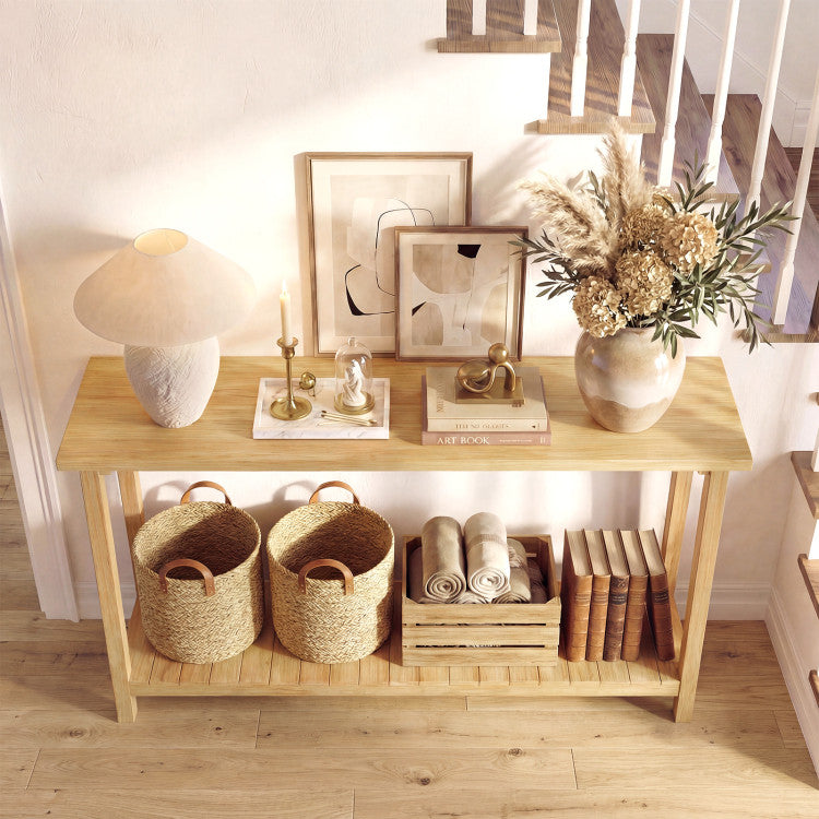 2-Tier Farmhouse Sofa Table with Teak Wood Frame and Storage Shelf