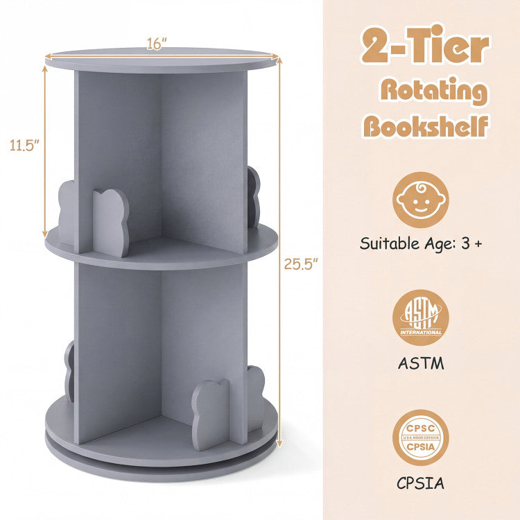 2 Tier Freestanding Kids Rotating Bookshelf Storage Rack with Bear Baffles