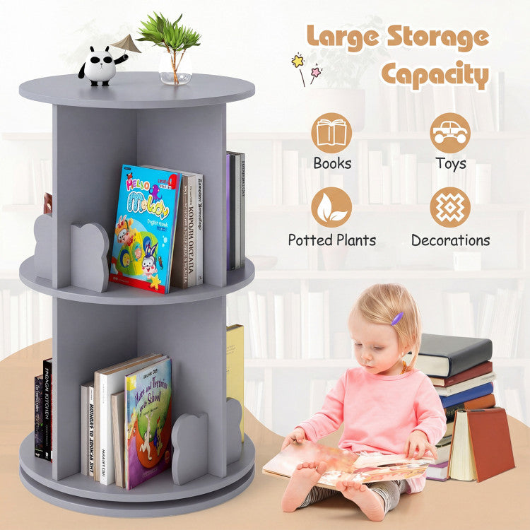2 Tier Freestanding Kids Rotating Bookshelf Storage Rack with Bear Baffles