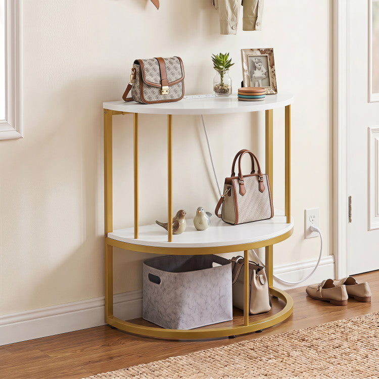 2-Tier Half Moon Console Table with Power Outlets and Storage Shel for Hallway