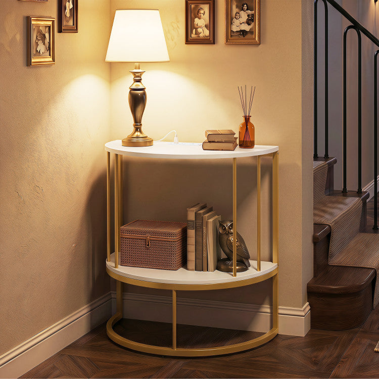 2-Tier Half Moon Console Table with Power Outlets and Storage Shel for Hallway