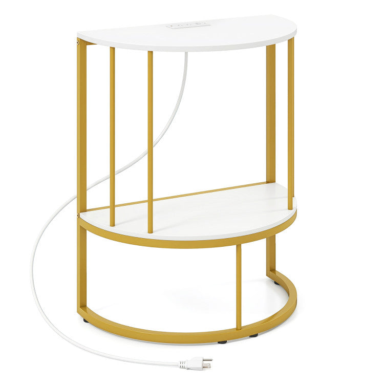 2-Tier Half Moon Console Table with Power Outlets and Storage Shel for Hallway