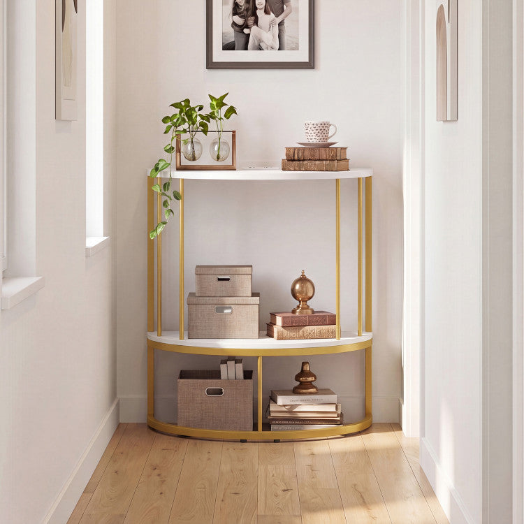 2-Tier Half Moon Console Table with Power Outlets and Storage Shel for Hallway