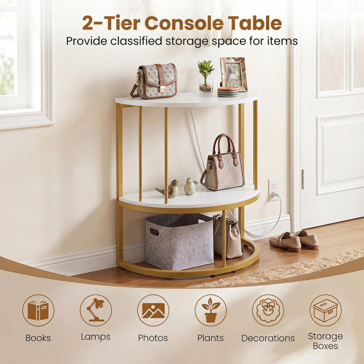 2-Tier Half Moon Console Table with Power Outlets and Storage Shel for Hallway