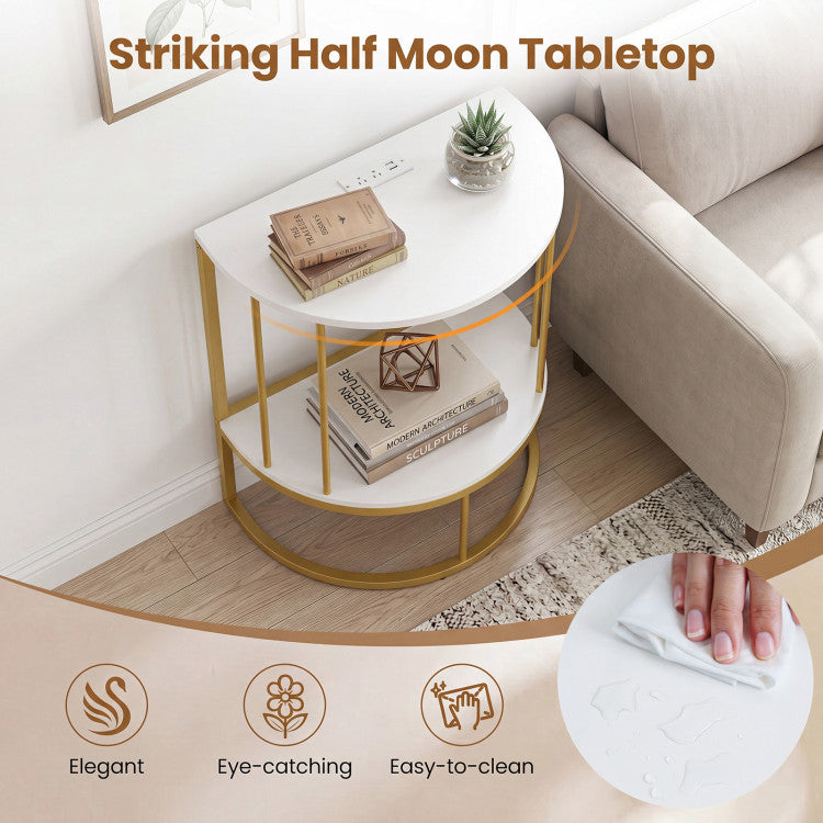 2-Tier Half Moon Console Table with Power Outlets and Storage Shel for Hallway