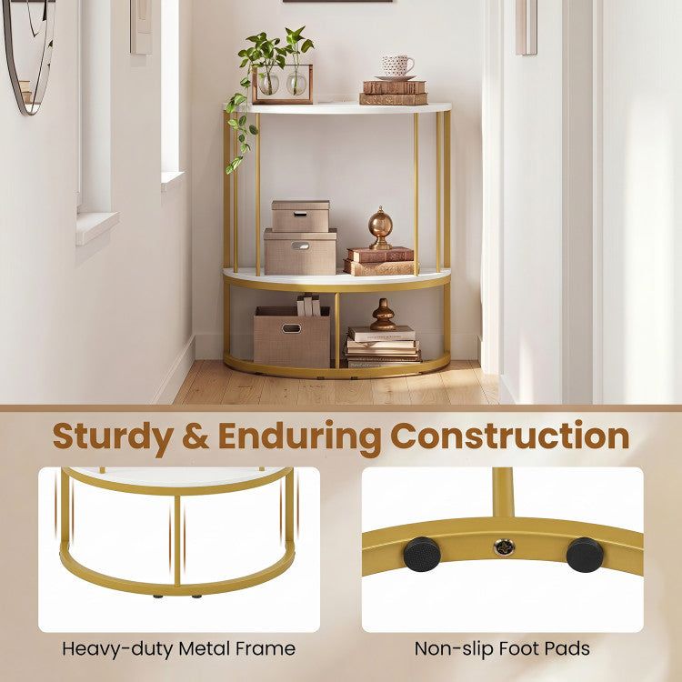 2-Tier Half Moon Console Table with Power Outlets and Storage Shel for Hallway