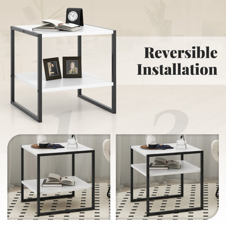 2-Tier Square End Table with Storage Shelf Reversible Design