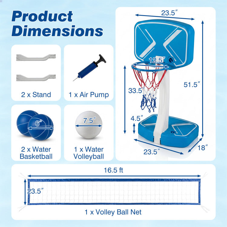 2-in-1 Pool Basketball Hoop and Pool Volleyball Net with Weighted Base