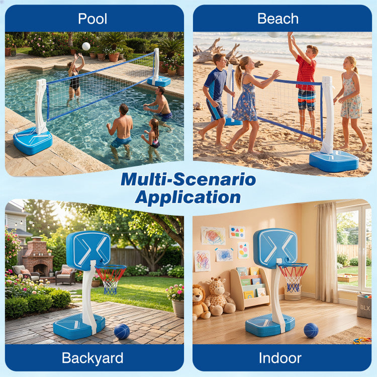 2-in-1 Pool Basketball Hoop and Pool Volleyball Net with Weighted Base