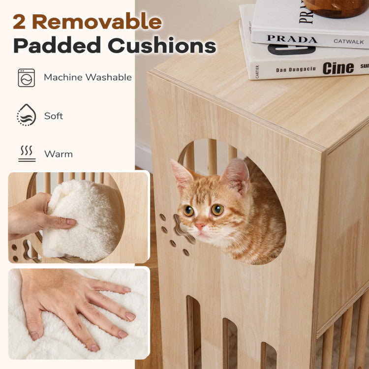 2-tier Wooden Cat Condo Indoor Symmetrical Cat House with Removable Cushions