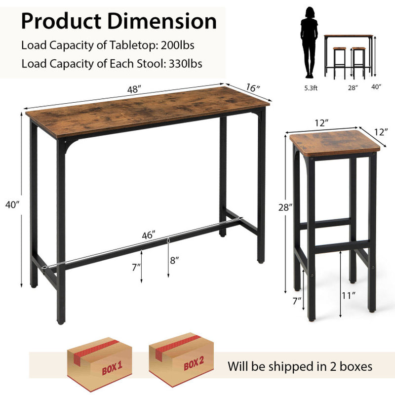 3 Pieces Industrial Bar Table and Chairs Set with Metal Frame