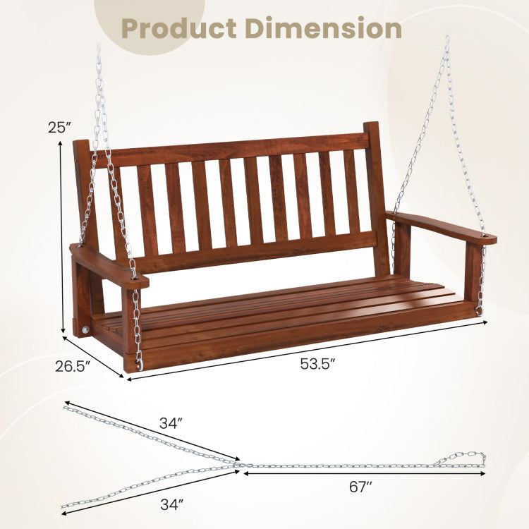 2-Person Wooden Outdoor Porch Swing with 500lbs Weight Capacity