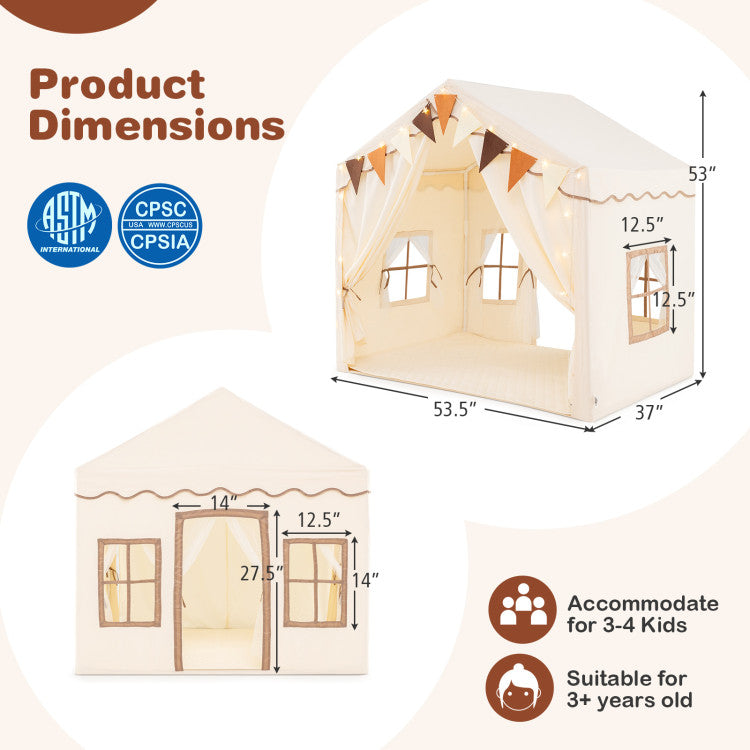 3-4 Kids Large Play Tent House with 2 Opening Doors and Star Lights
