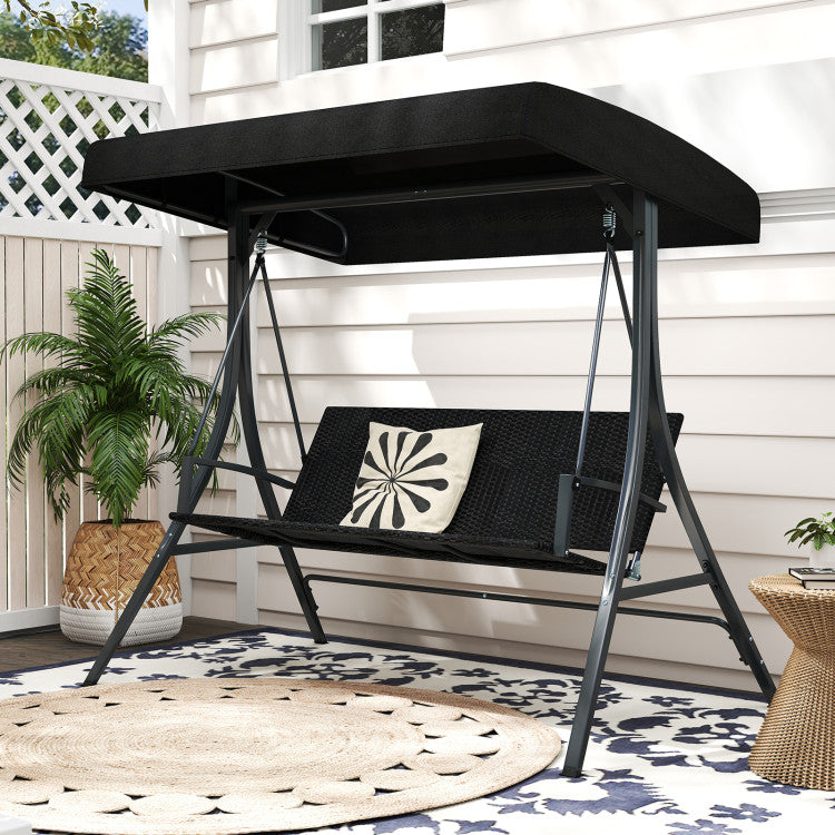 3-Person Porch Swing with Stand Outdoor Canopy Swing with Rattan Seat Back