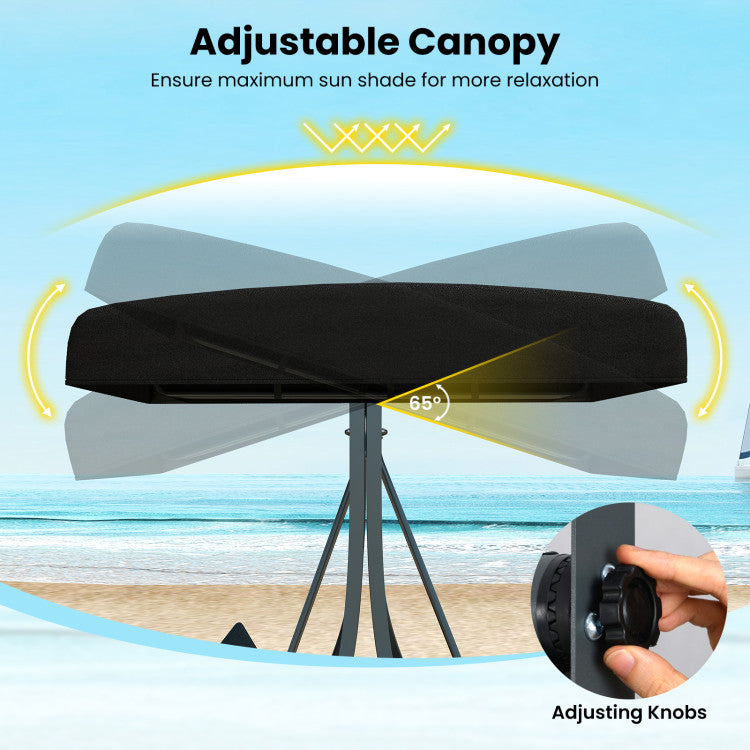 3-Person Porch Swing with Stand Outdoor Canopy Swing with Rattan Seat Back