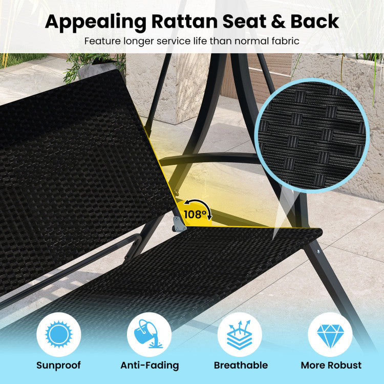 3-Person Porch Swing with Stand Outdoor Canopy Swing with Rattan Seat Back