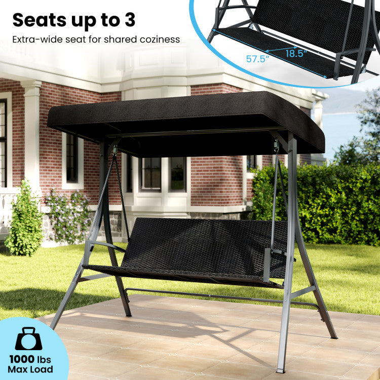 3-Person Porch Swing with Stand Outdoor Canopy Swing with Rattan Seat Back