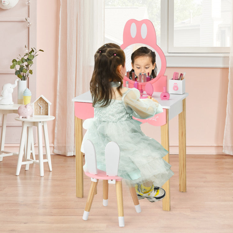 Kids Rabbit Vanity Table Chair Set with Mirror and Drawer