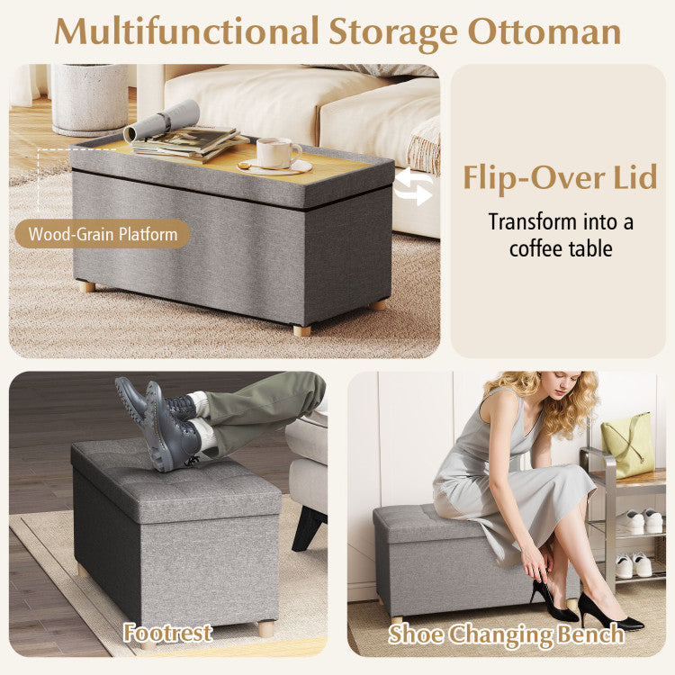 30 Inches Storage Ottoman Bench with Tray and Rubber Wood Legs