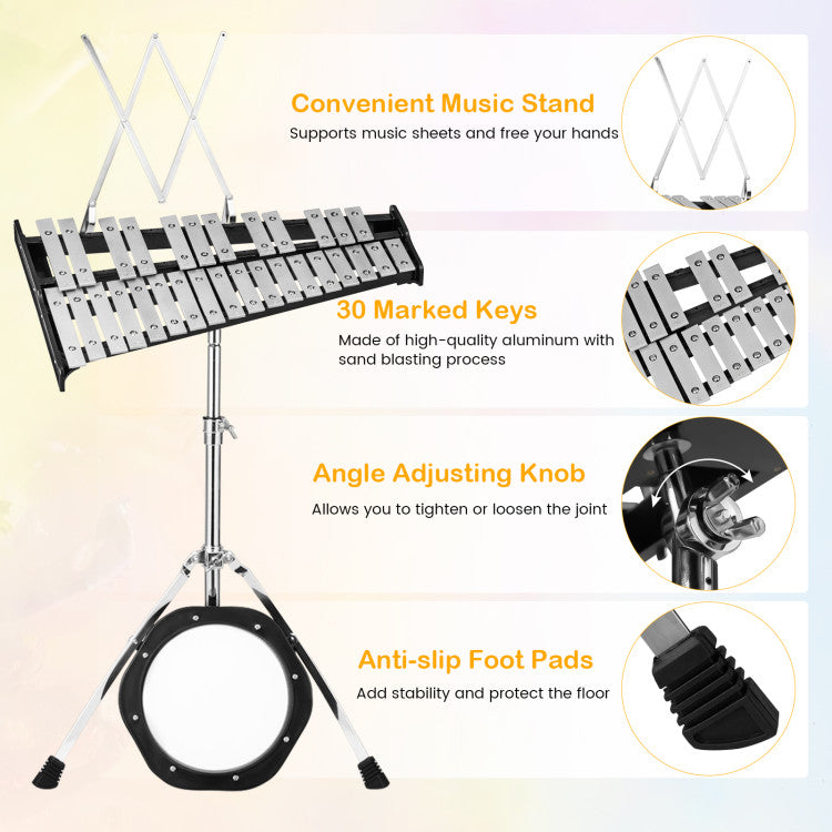 30 Notes Percussion with Practice Pad Mallets Sticks Stand