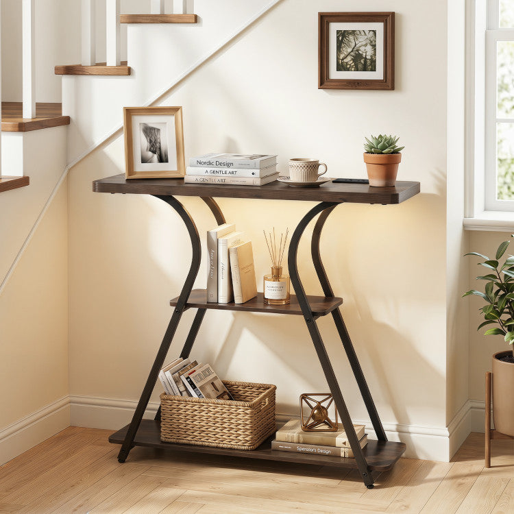 32 Inch Narrow Long Entryway Table with Power Outlets and LED Lights