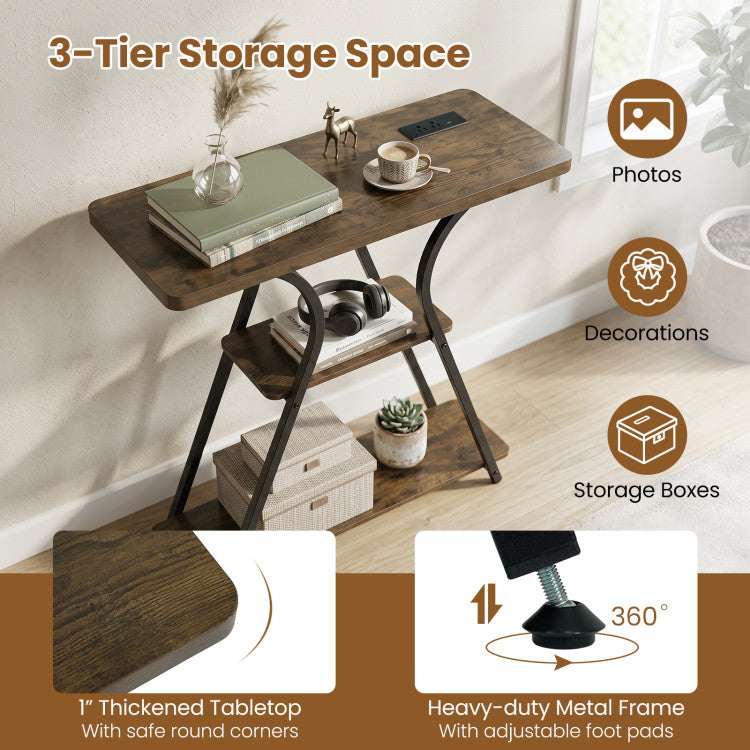 32 Inch Narrow Long Entryway Table with Power Outlets and LED Lights