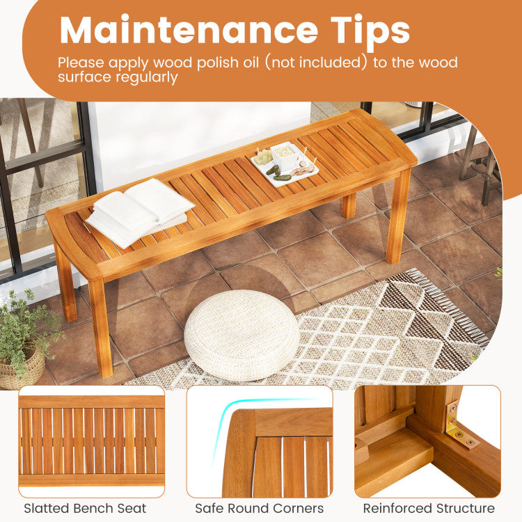 Set of 2 Acacia wood outdoor bench with slatted seat for garden