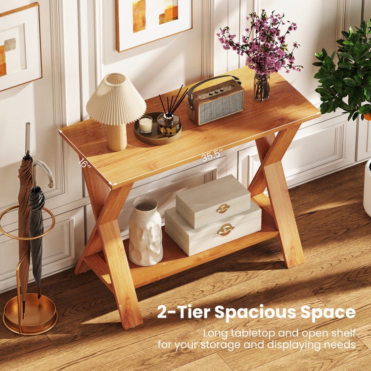 35 Inch Solid Teak Wood Console Table with Storage Shelf