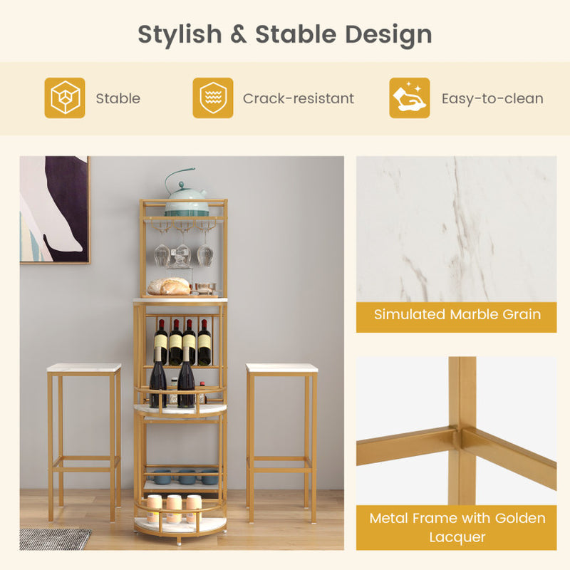 3 Pieces Bar Table Set with Storage Shelves and Wine Rack
