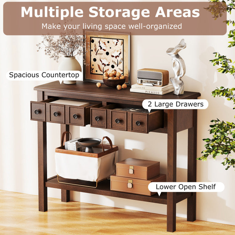 38 Inch Rustic Console Table with 2 Drawers and Bottom Open Shelf