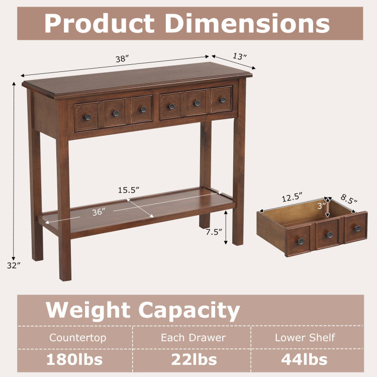 38 Inch Rustic Console Table with 2 Drawers and Bottom Open Shelf