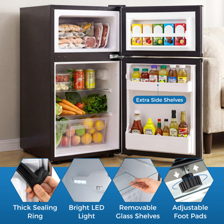 3.2 Cu.Ft Mini Fridge with Freezer Double Door Small Refrigerator with Adjustable Thermostat