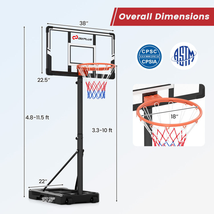 3.3-10 Feet Portable Basketball Hoop Adjustable with Base and Wheels