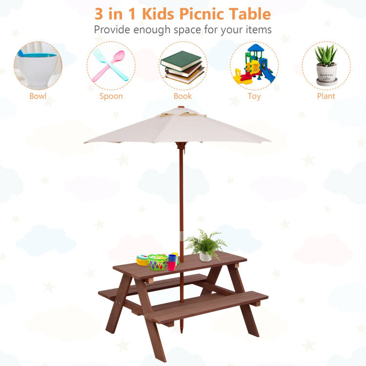 Outdoor 4-Seat Kids Picnic Table Bench Set with Removable Umbrella