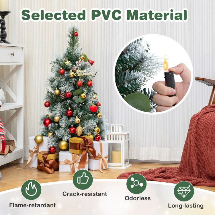 3 FT Pre-Lit Artificial Mini Christmas Tree with 98 Flocked PVC and Pine Needles