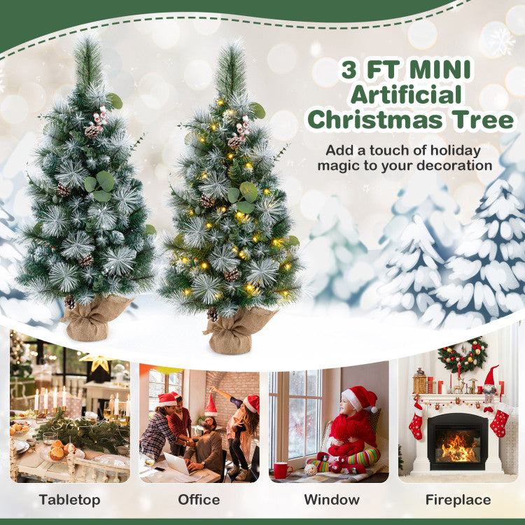 3 FT Pre-Lit Artificial Mini Christmas Tree with 98 Flocked PVC and Pine Needles