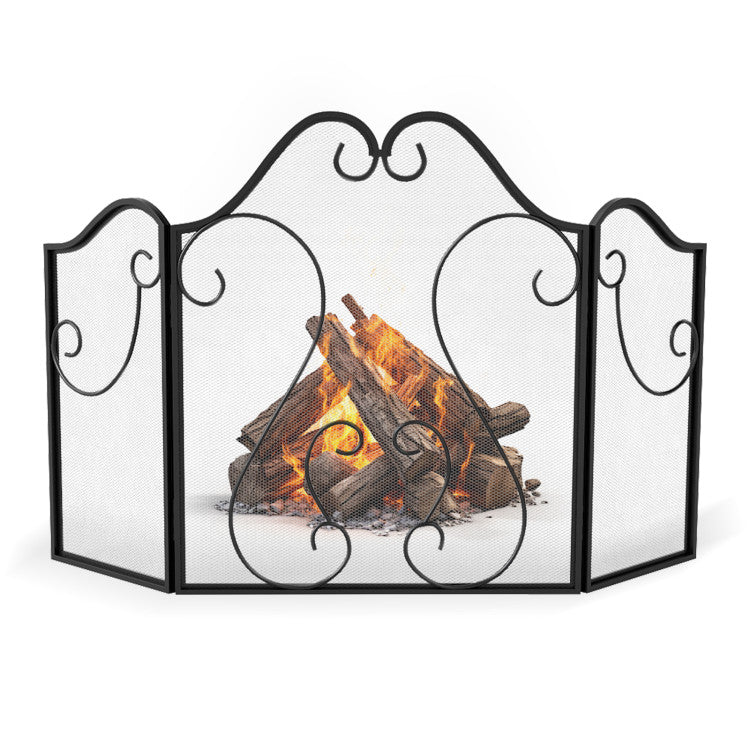 3 Panel Fireplace Screen Foldable Spark Guard Cover with Decorative Scroll
