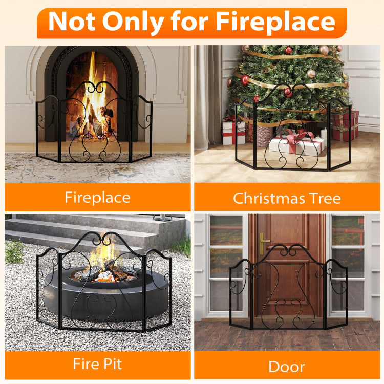 3 Panel Fireplace Screen Foldable Spark Guard Cover with Decorative Scroll