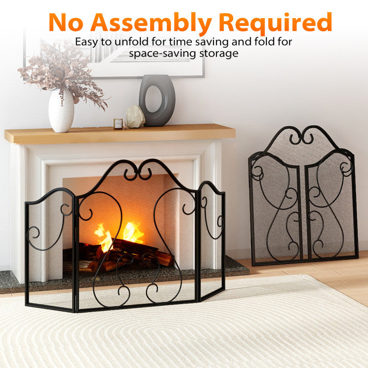 3 Panel Fireplace Screen Foldable Spark Guard Cover with Decorative Scroll