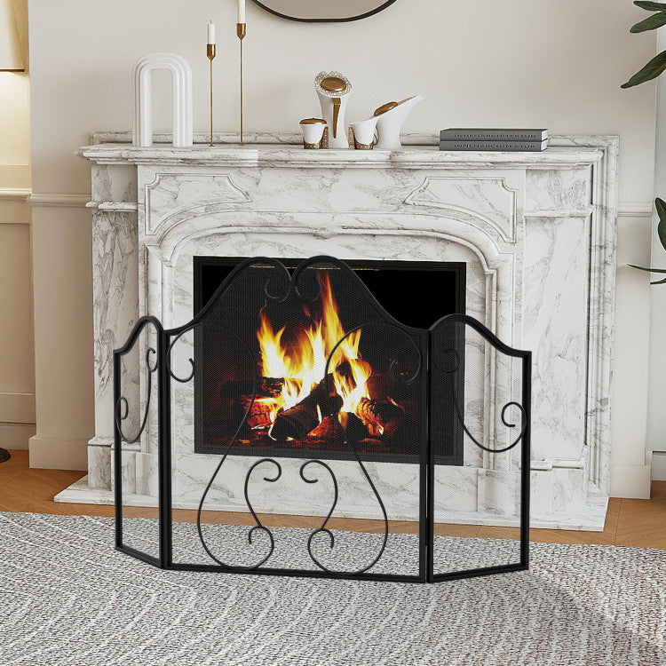 3 Panel Fireplace Screen Foldable Spark Guard Cover with Decorative Scroll