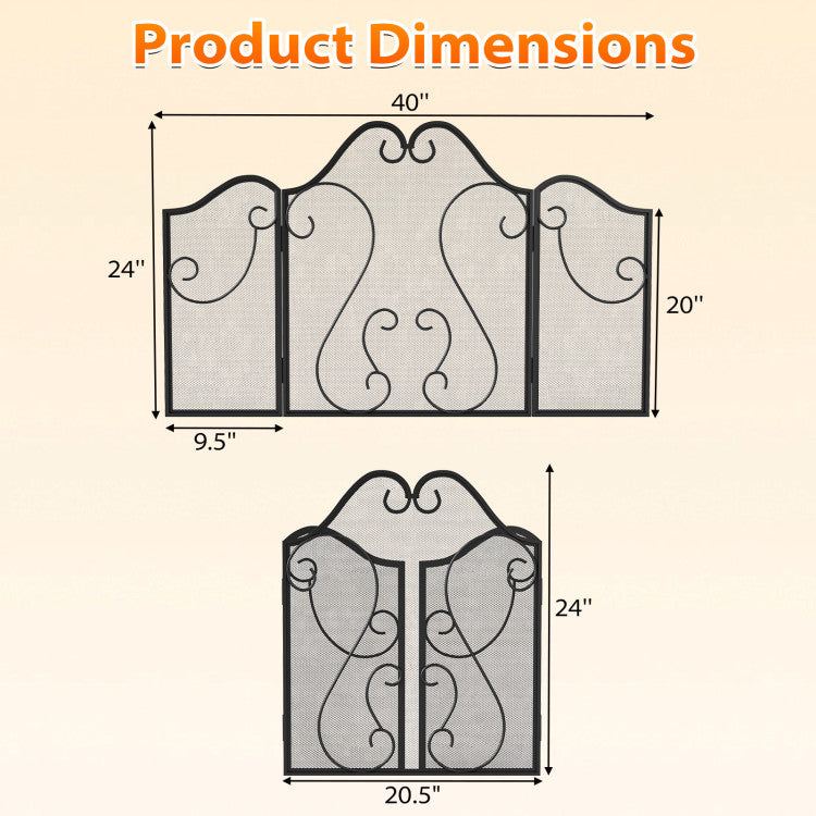 3 Panel Fireplace Screen Foldable Spark Guard Cover with Decorative Scroll